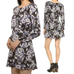Free People Parker Mini Dress Floral Sunflower Print Long Sleeve Black Blue 6